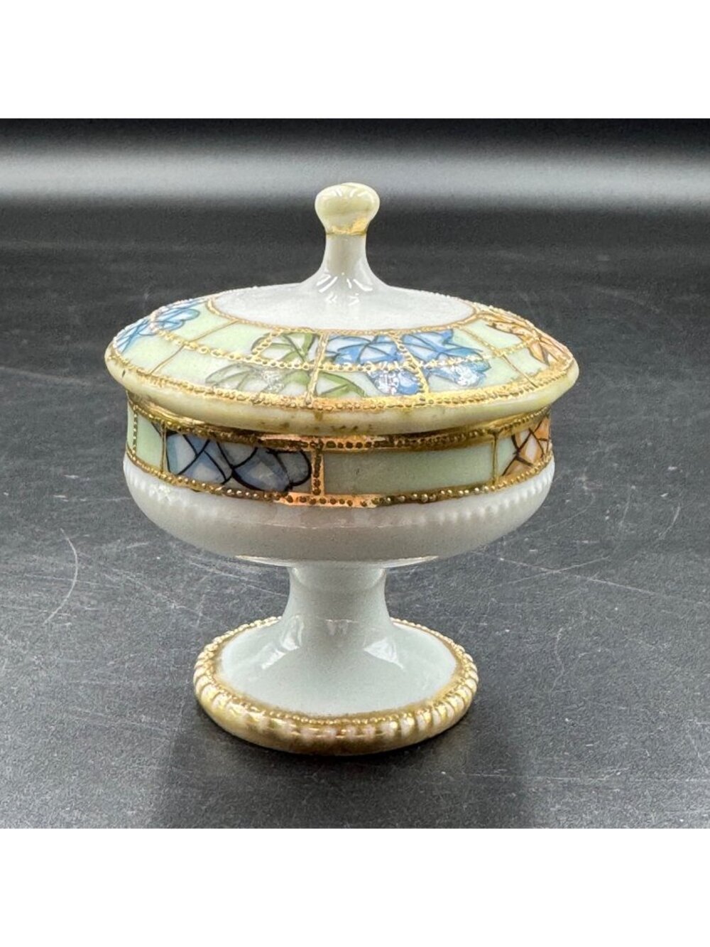 Antique Nippon Hand Painted Porcelain Pedestal Dresser Jar W/ Floral Mosaic